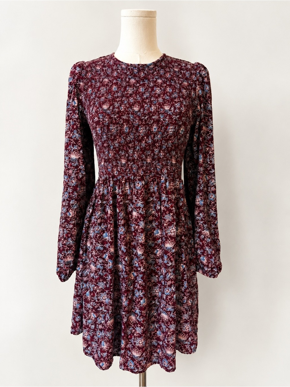 Old Navy Floral Smocked Mini Dress Medium Burgundy Long Sleeve Cottagecore